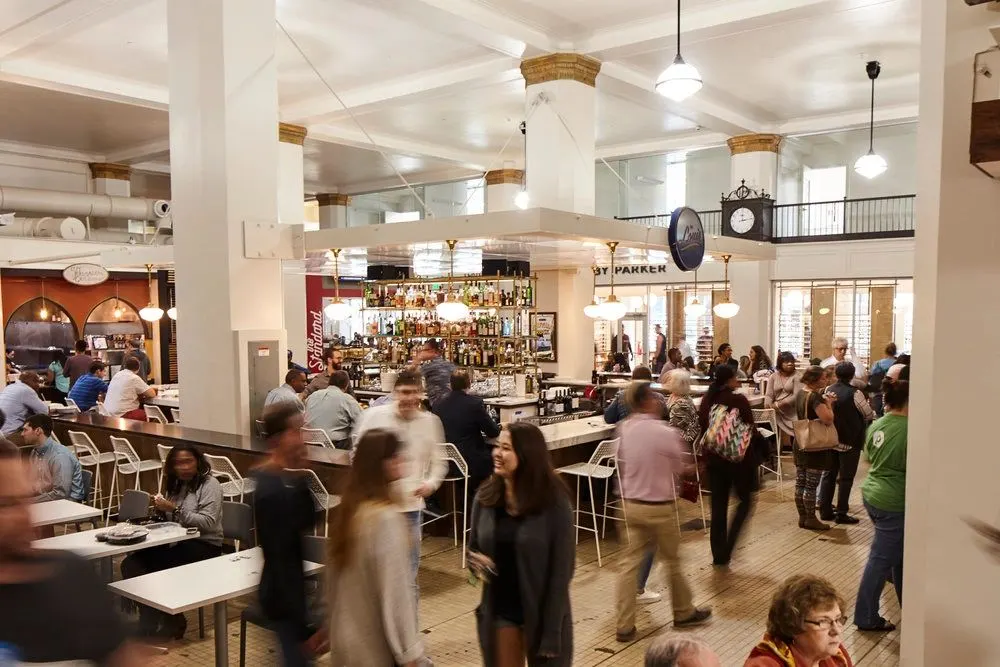 Pizitz food hall in downtown Birmingham. Pizitz is a mix use building which houses apartments, restaurants, theater, and leisure space.