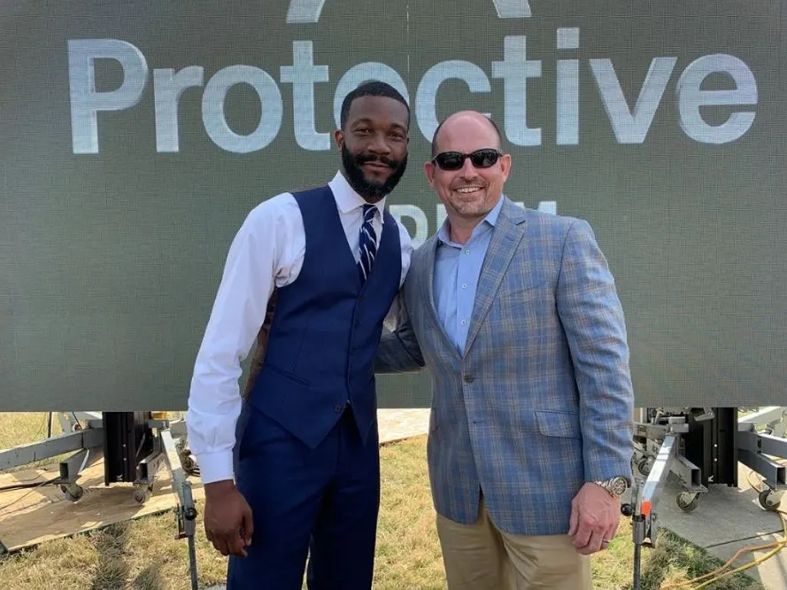 Birmingham Mayor Woodfin and UAB Head Football Coach, Bill Clark, pictured here at the Protective Stadium groundbreaking.